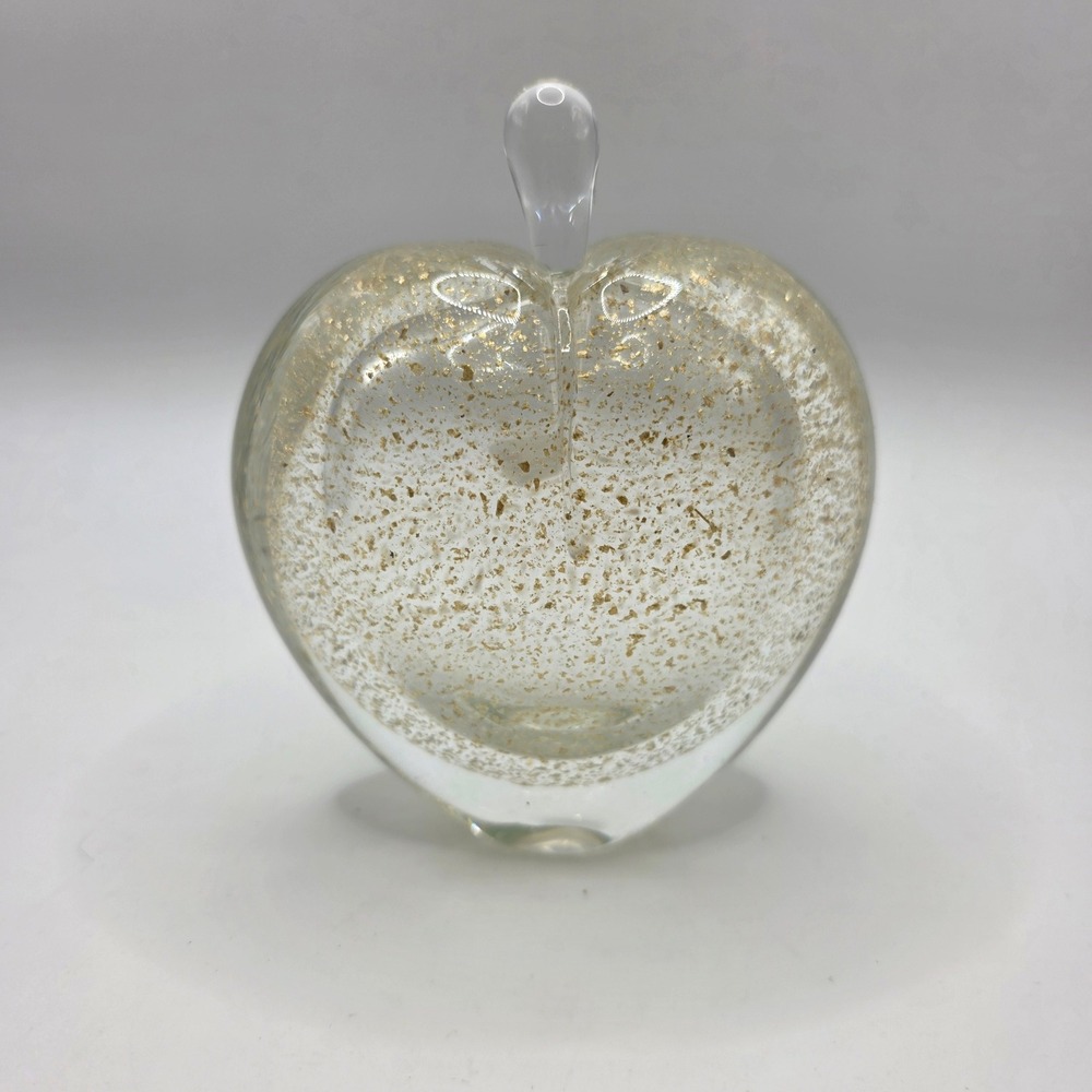 Vintage Art Glass Apple /Heart Paperweight 24k Gold Leaf Flake Clear Crystal